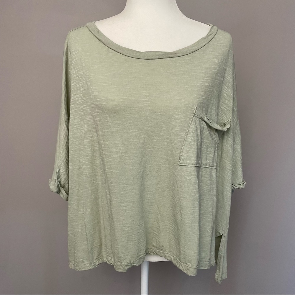 White Birch Sage Green Slub Cotton Oversized Cropped Tee Shirt Size M